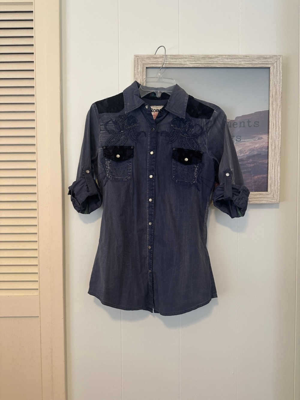 Roar Women's Navy Blue Button-Down Shirt with Embroidered Yoke